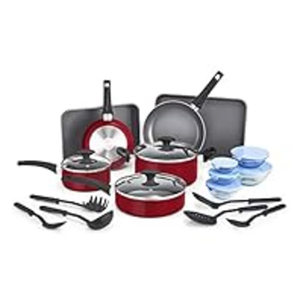 BELLA Cookware Set with Glass Lids - Nonstick, PFOA Free and Scratch Resistant Surface, Aluminum Bakeware, Pots and Pans, Storage Bowls & Utensils, Compatible with All Stovetops, 21 Piece, Red
