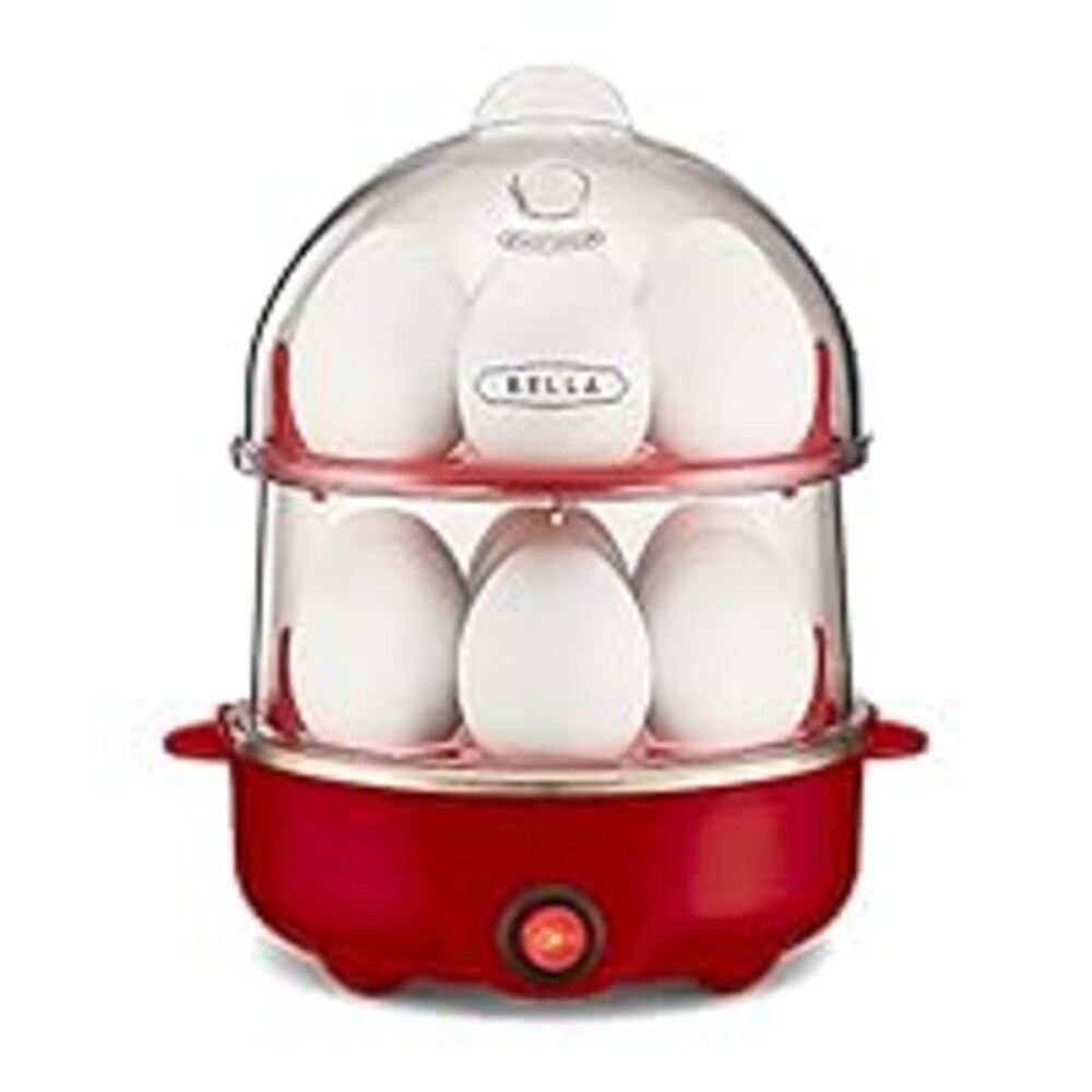 BELLA Double Tier Egg Cooker, Rapid Boiler & Poacher, Meal Prep Essential, Family Sized Meals: Make Up To 14 Large Boiled Eggs, Dishwasher Safe Parts, Poaching Tray Included, Red