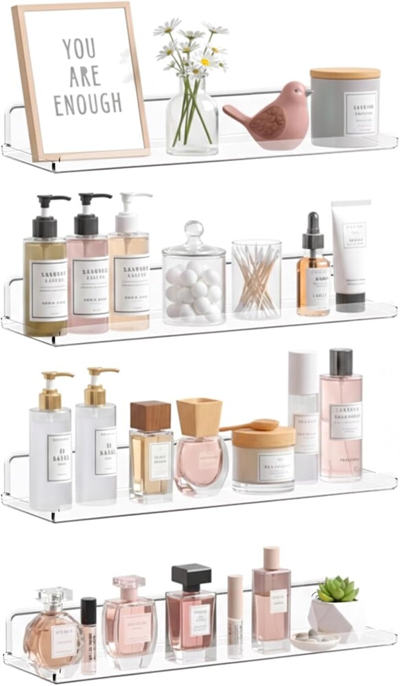Lifewit Floating Shelves for Bathroom, 14" Clear Wall Organizer for Makeup, Perfume, Figures, Photo, Decor Shelf for Nursery, Living Room, Bedroom, Kitchen, Over Toilet Storage Rack, Clear, 4 Pack