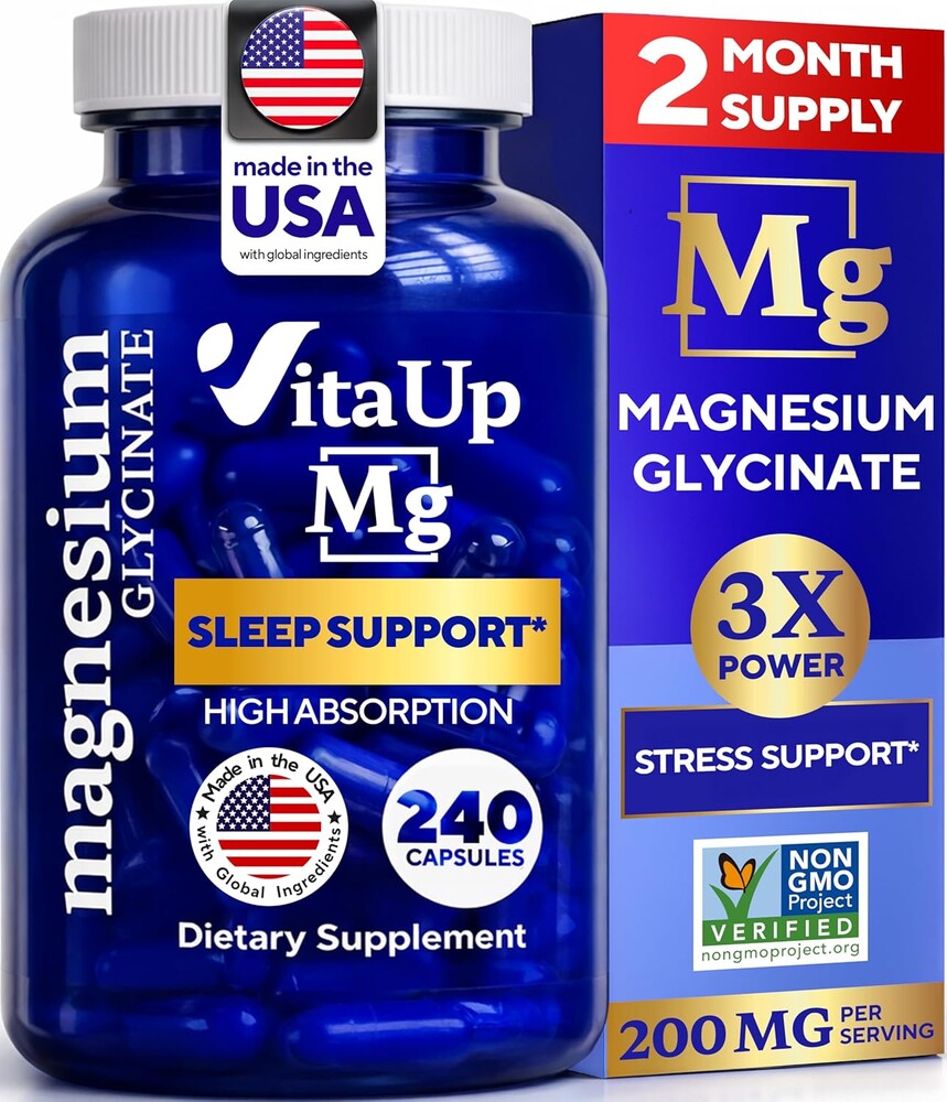 Magnesium Glycinate 200mg - USA Made, Highly Absorbed, Non-GMO Magnesium for Relaxation, Deep Sleep, Bones & Heart - 200mg per Serving, 240 Vegan Capsules
