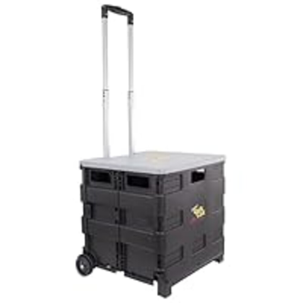 dbest products Quik Cart Collapsible Rolling Crate on Wheels for Teachers Tote Basket 80 lbs Capacity, Made from Heavy Duty Plastic and Used as a Seat, Grey