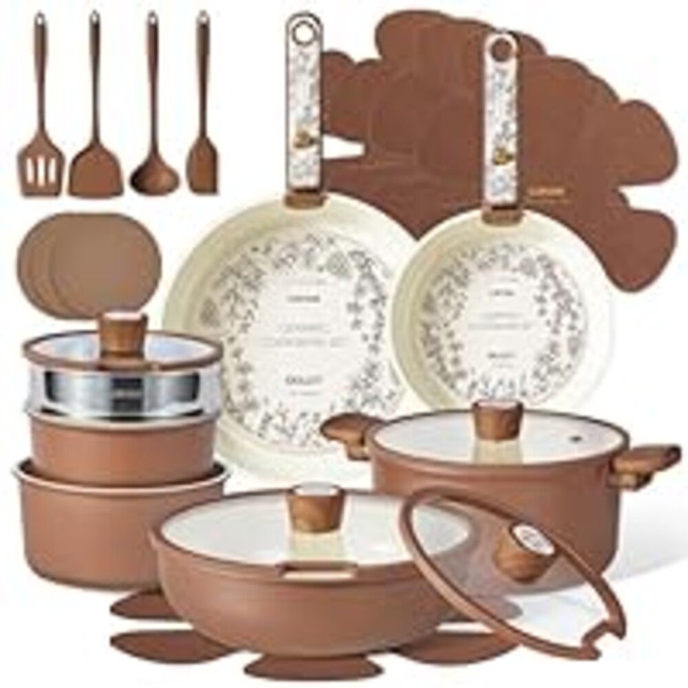 CAROTE 25-Piece Ceramic Cookware Set, Nonstick Pots and Pans Set with Detachable Handle, Non-Toxic Kitchen Cooking Set, Dishwasher & Oven Safe, Induction Compatible, PFAS Free, Chocolate
