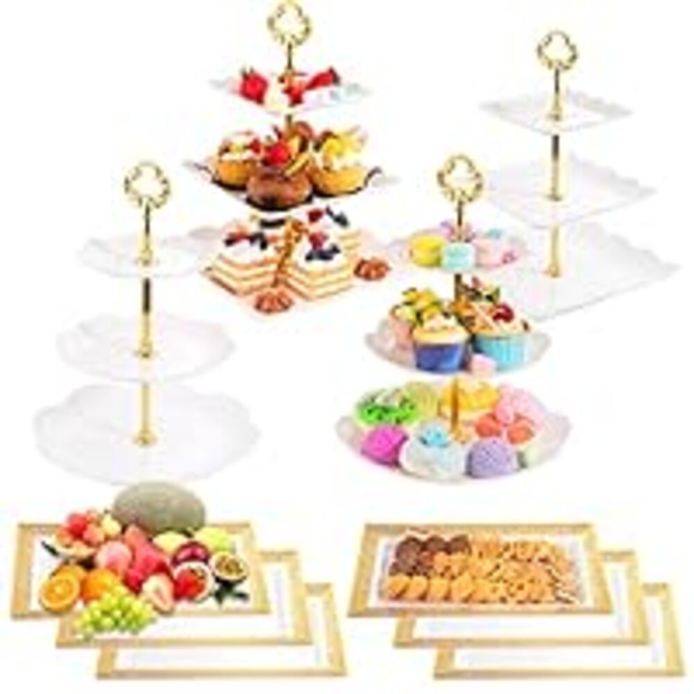 Supernal 3 Tier Cupcake Stands - 6pcs Plastic Trays, 4 Pack Round & Square Cake Trays Set