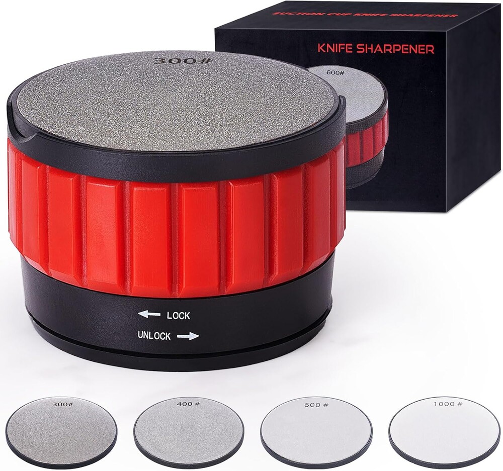Knife Sharpener With Suction Cup, Round Blade Sharpener With 2 Pcs Double-Sided Diamond Grinding Discs, Handheld Knives Sharpener Kit for All Knives Including Kitchen Knives, Pocket, Scissors