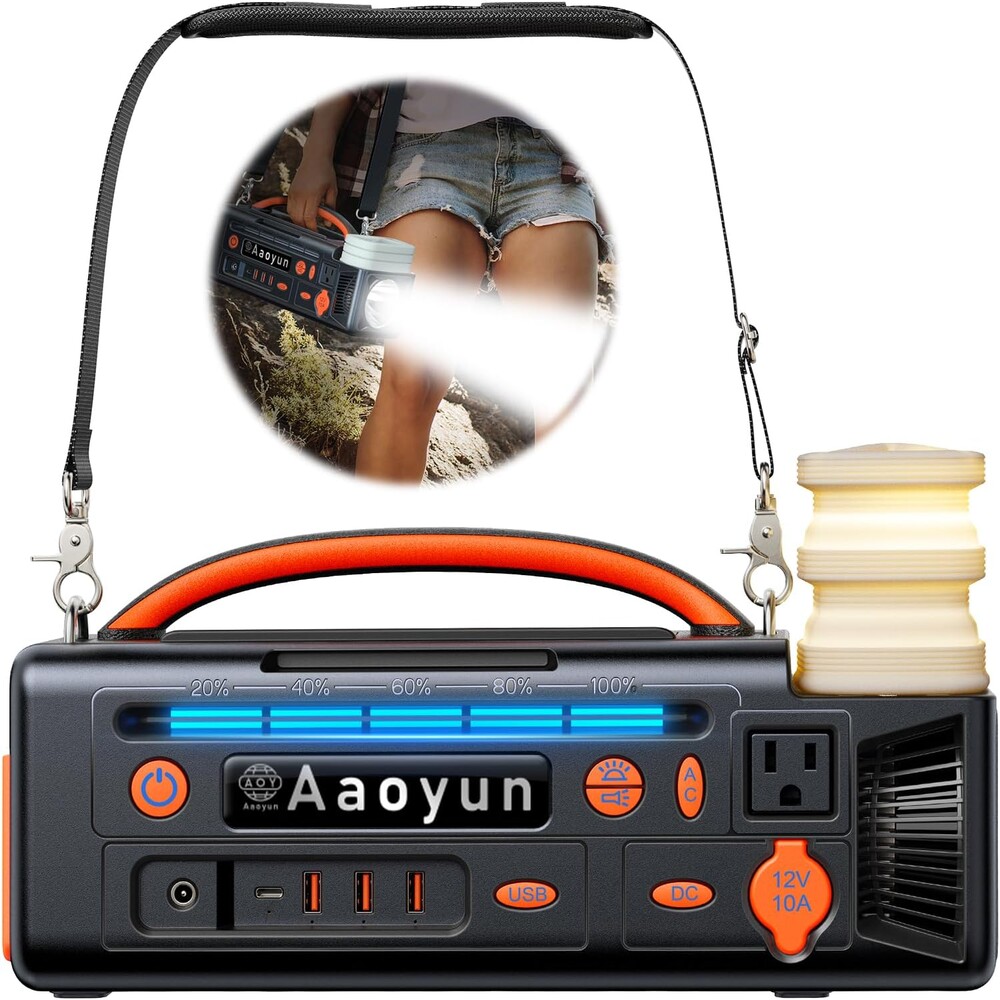 Portable Power Station 300W, 296Wh Solar Generator with 100W USB-C In/Output, Night Light & LED Flashlight, Compact Camping Battery with Strap for Outdoor CPAP Home Backup Emergency