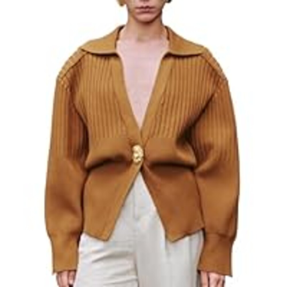 URBAN REVIVO Women's Cardigan V-Neck Lapel Long Sleeve Knitted Cropped Casual Sweater with Metal Button 2025 Brown, Medium