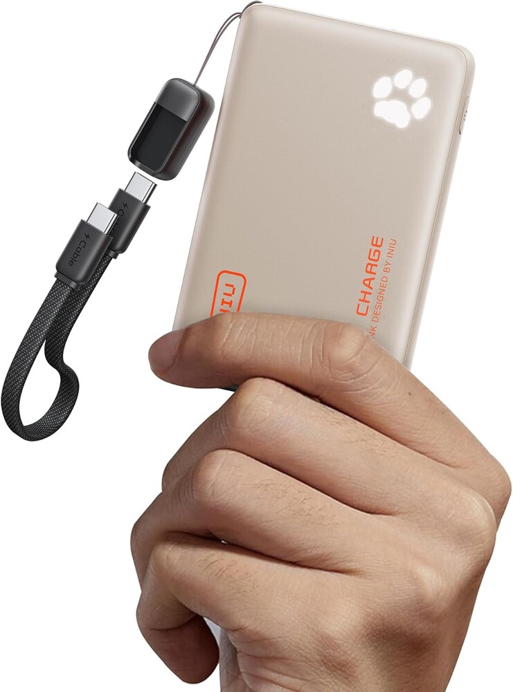 INIU Portable Charger, Ultra Slim 45W Fast Charging with Attached USB C Cable, 10000mAh Power Bank Battery Pack, Travel Essential Phone Powerbank for iPhone 17 16 Samsung S25 Google, Beige