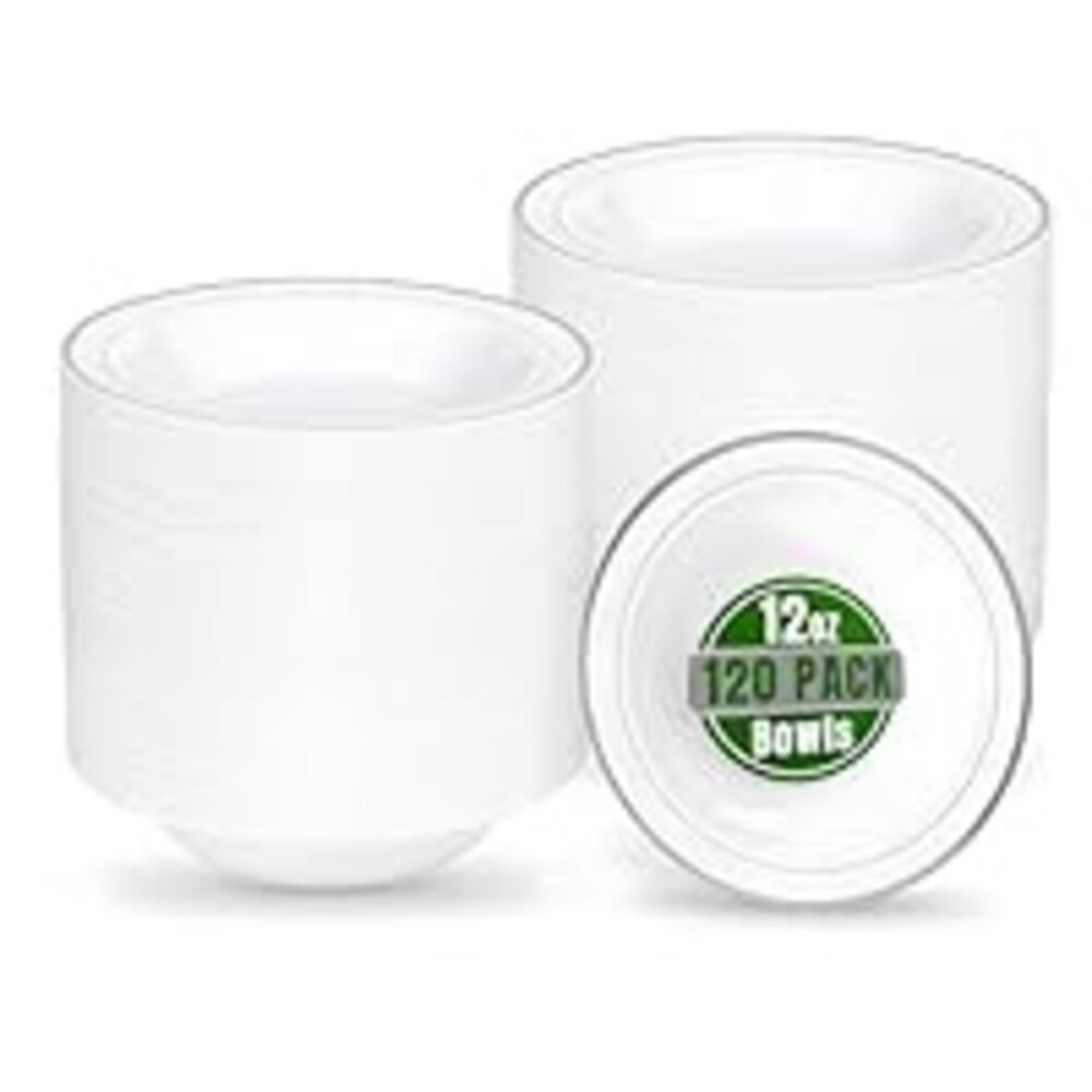 bUCLA 120 Pack Disposable Plastic Bowls 12oz - Elegant White & Silver Trim Party Bowls for Salad, Soup, Dessert - Heavy Duty Disposable for BBQ, Weddings and Christmas