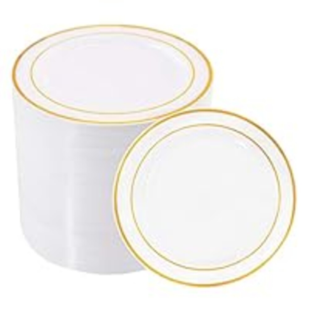 bUCLA 100Pieces Gold Plastic Plates - 6.25inch White with Gold Rim Disposable Salad/Dessert/Appetizer/Small Cake Plates Premium Hard - Ideal for Wedding, Party
