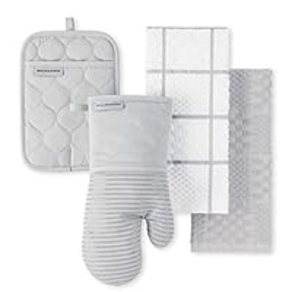 KITCHENAID Quilted Cotton Terry Cloth Oven Mitt, Pot Holder, Kitchen Towel 4-Pack Set, Heat Resistant, Silicone Grip, 16"x26", 7"x13" & 7"x10", Matte Grey