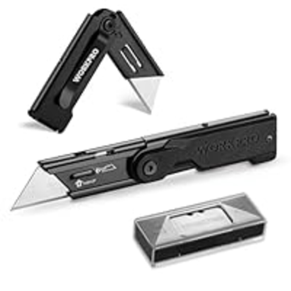 WORKPRO Folding Utility Knife with 10 Extra SK5 Blades, EDC Razor Sharp Knife with G10 Handle, Quick Change Box Cutter with Belt Clip, for Heavy Duty, DIY, Home, Office & Artcraft Use - Black