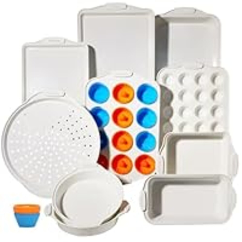 Ymiton Baking Pans Set with Silicone Handles, 34 PCS Nonstick Bakeware Sets, Oven Pan Set Includes Baking Tray, Cookie Sheet, Cake Pans, Loaf Pan, Muffin Pan, Pizza Pan
