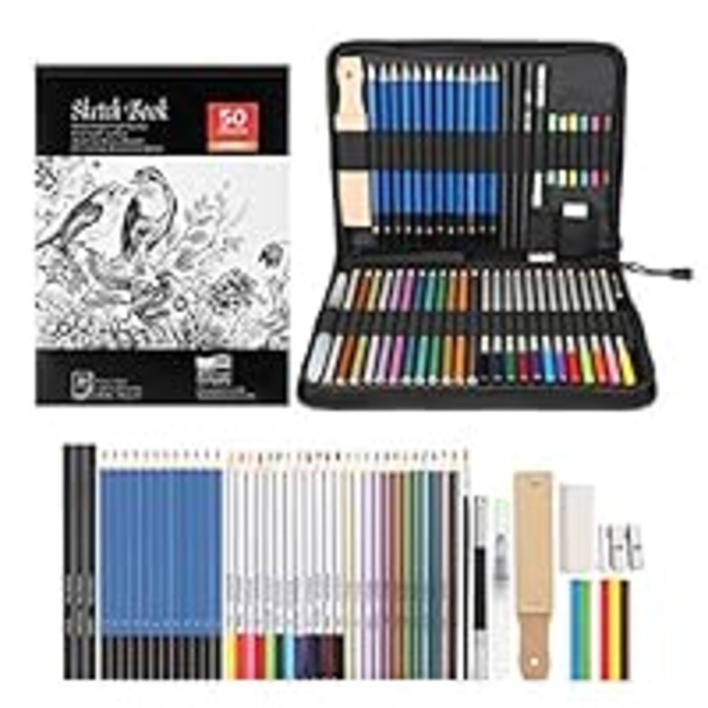 AGPTEK 53pcs Drawing Supplies Set, Art Pencils & Watercolor Pencils With Canvas Case for Artists & Students