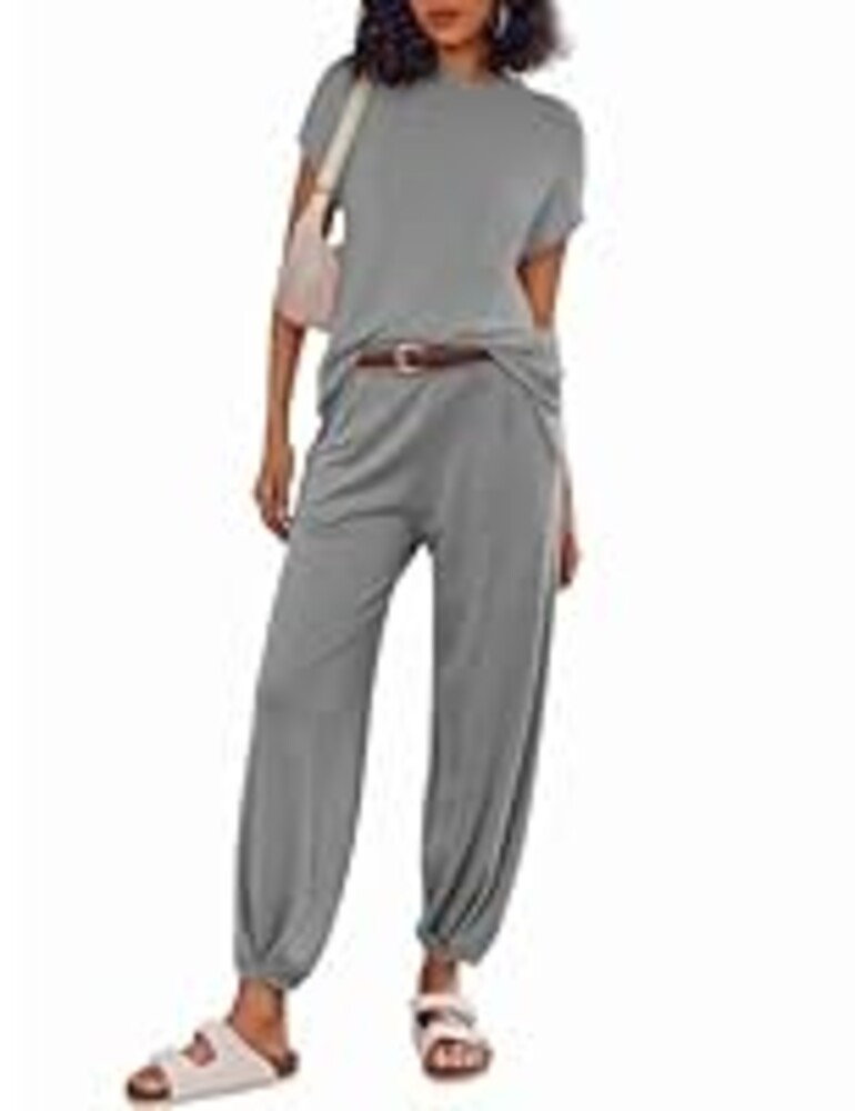 Ekouaer Two Piece Outfits Lounge Sets for Women Sweater Sets Knit Short Sleeve Tops Jogger Pants Matching Tracksuit,Grey,Medium