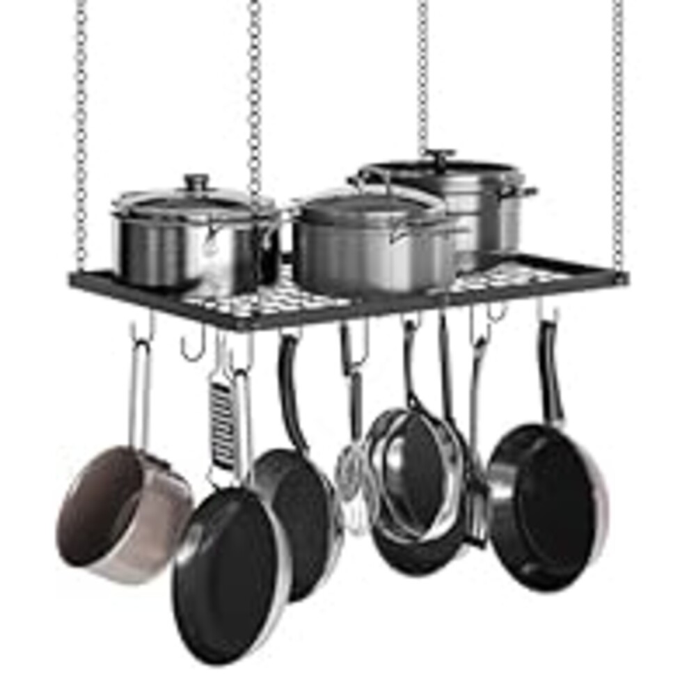 CHOEZON Hanging Pot Rack, Ceiling Mounted Pot Hanger for Kitchen, Metal Cookware Storage Organizer with 12 Hooks, for Storage of Cookware, Utensils in Kitchen, 23.7" L, Black TPR03BB