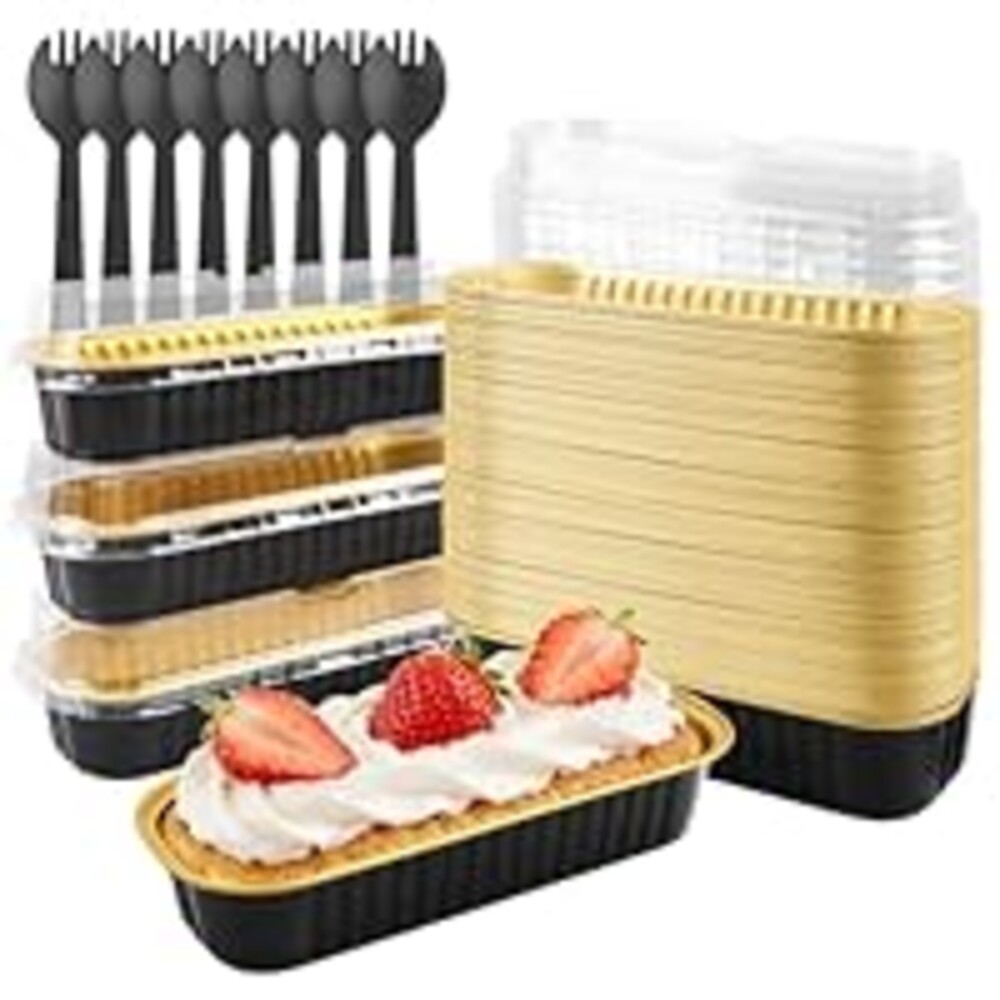 50-Pack 6.8oz Rectangular Aluminum Foil Baking Pans - Disposable Mini Cake Pans with Lids, Cheesecake & Bread-Black