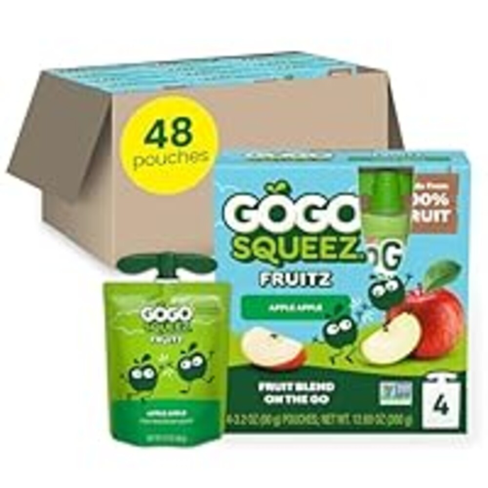 GoGo squeeZ Applesauce and Fruit Puree, Apple Apple, 3.2 oz (Pack of 48), Unsweetened Fruit Snacks for Kids, Gluten Free, Nut Free and Dairy Free, Recloseable Cap, BPA Free Pouches