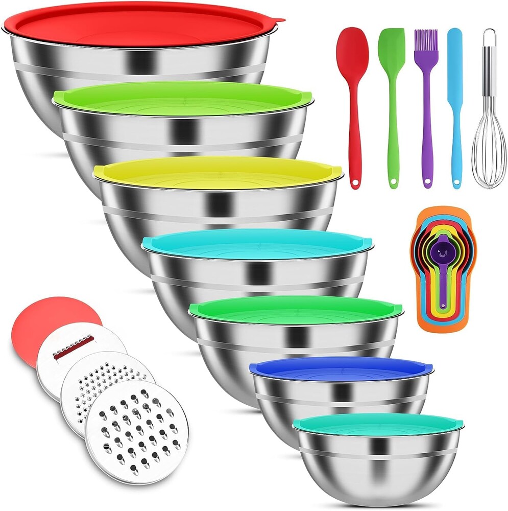 Mixing Bowls with Lids Set, 7 PCS Stainless Steel Mixing Bowls with 3 Grater Attachments, Size 4.5, 4, 3.5, 2.1, 1.5, 1.1, 0.7QT, Ideal for Kitchen Cooking Baking & Serving
