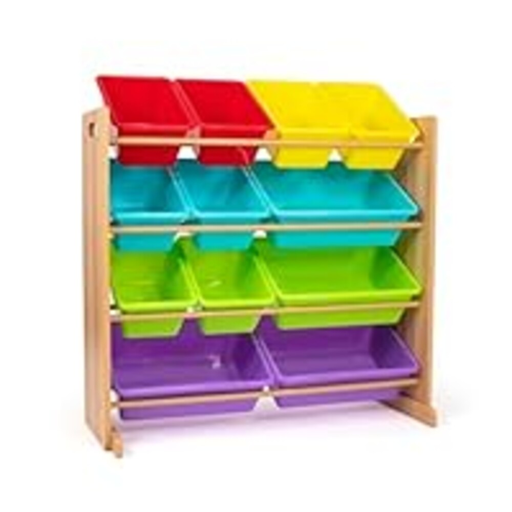 Humble Crew Kids Toy Storage Organizer with 12 Plastic Bins, Natural Wood/Rainbow – Removable Bins for Playroom, Bedroom, Toddler Furniture for Boys and Girls Ages