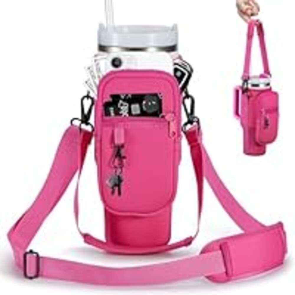 BULKITEM 30oz Water Bottle Carrier Bag with Phone Pocket for Pink Stanley 30 oz Tumbler with Handle, Hot Pink Insulated Neoprene Cup Holder Pouch Strap for Valentines Stanley Cup Accessories