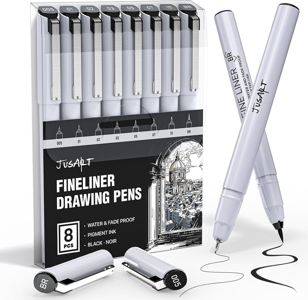 JusArt Fineliner Pens, 8 Sizes, Ultra Fine, Fine Point & Brush, Waterproof Black Pigment Ink Drawing Art Pens for Illustration, Sketching, Writing, Journaling, Bible Journaling, Technical Drawing Pens