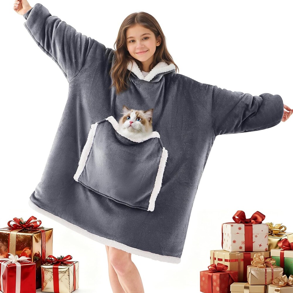 JOYWOO Small Wearable Blanket Hoodie,Oversized Cat Lovers Sweatshirt Blanket for Adult & Teens,Birthday Valentines Day Gifts for Teen Girls Boys Women 8-12,Cozy Sherpa Blanket Giant Pocket Gifts,Grey