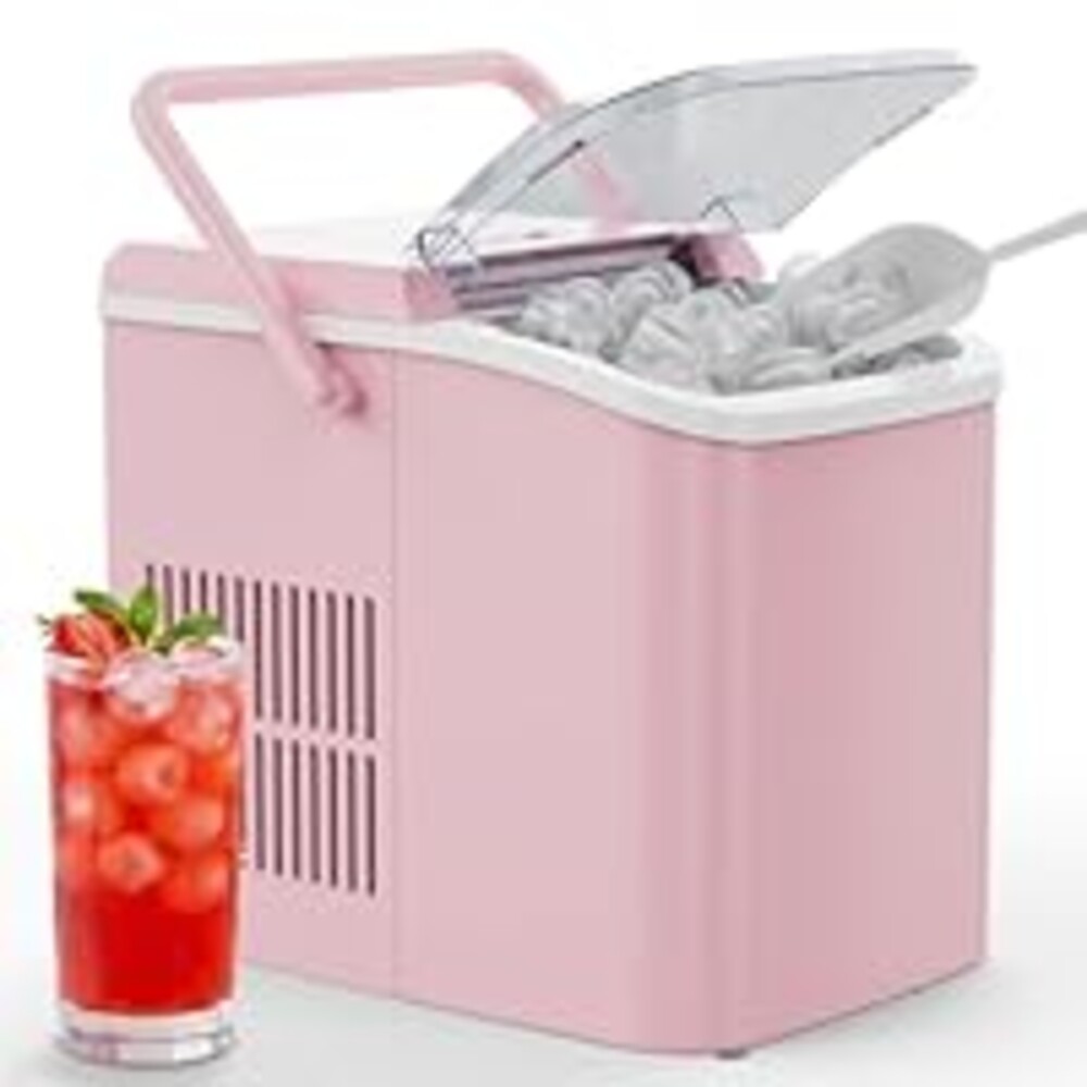 OLIXIS Ice Maker Machine with Handle,26lbs in 24Hrs,9 Ice Cubes in 6 Mins,Auto-Cleaning Portable Ice Maker with Basket and Scoop, Countertop Ice Maker for Home, Kitchen, Camping, RV - Pink
