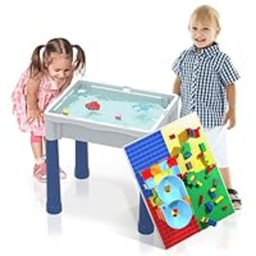 PicassoTiles Kids Activity Center Play Table & Study Desk Set Sandbox Water Tight Container Storage All-in-1 STEM Toy Kit Playset with 330pc Dual Size Building Bricks Construction Blocks Marble Run