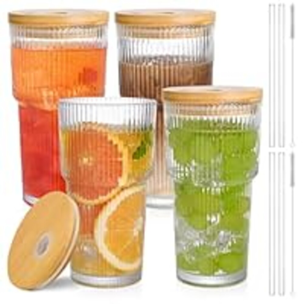 AFINSEA 20oz Ribbed Glass Coffee Cups with Lids and Straw,4PCS Glass Cups with Lid Vintage Iced Coffee Cups Glassware for Whiskey Cocktail Beer