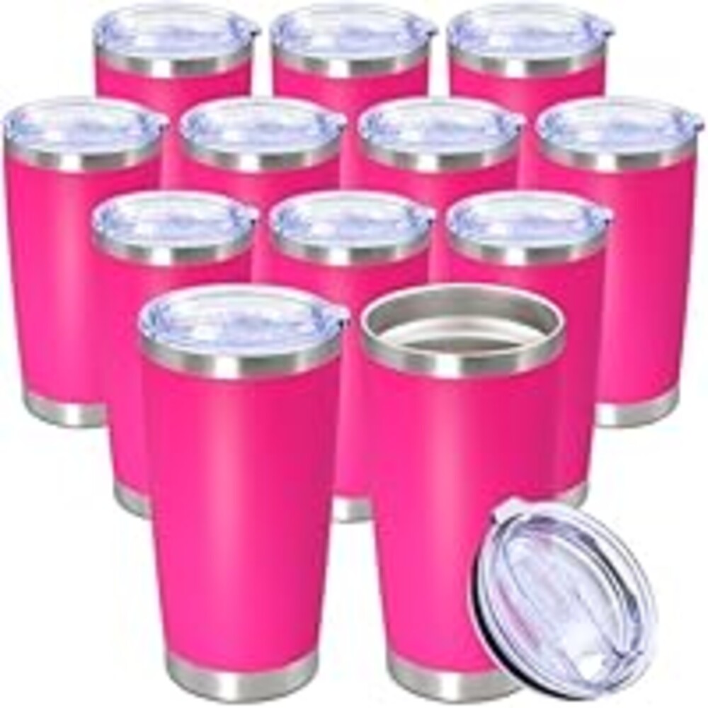 AUWBON 20oz Tumbler Bulk Stainless Steel Tumbler Cup with Lid Vacuum Insulated Double Wall Travel Mug, Durable Powder Coated Travel Coffee Tumbler Mug for Hot & Cold Drinks, Hot Pink,12 Pack