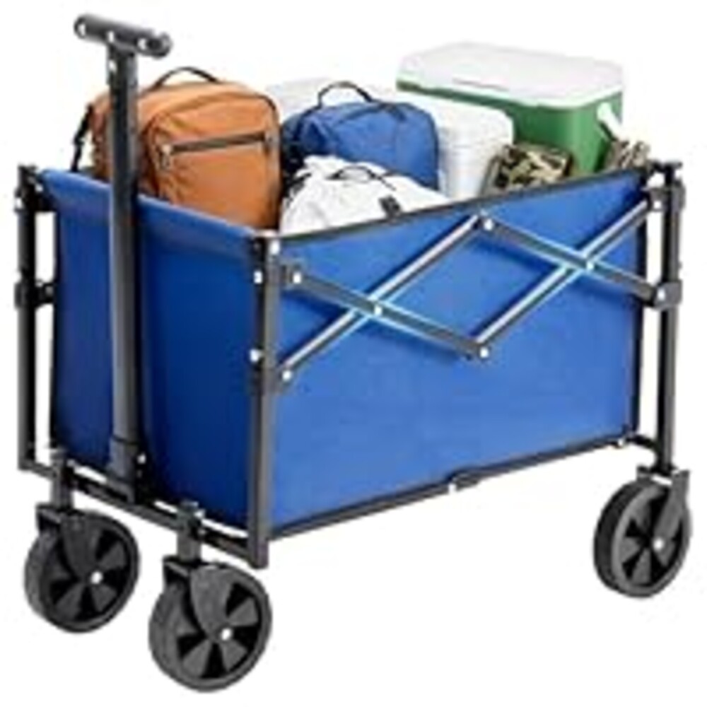 DUMOS Collapsible Wagon with Wheels, 176 lbs Wagons Carts Foldable Wagon Cart with Flexible Handle, Lightweight Portable Folding Utility Grocery Shopping Cart for Grocery Sports Garden Camping - Blue