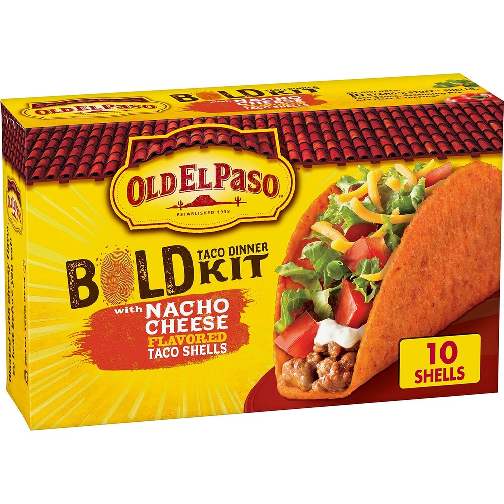 Old El Paso Bold Taco Dinner Kit with Nacho Cheese Flavored Stand 'N Stuff Taco Shells, Taco Sauce, and Seasoning Mix, 10 Ct, 9.5 oz