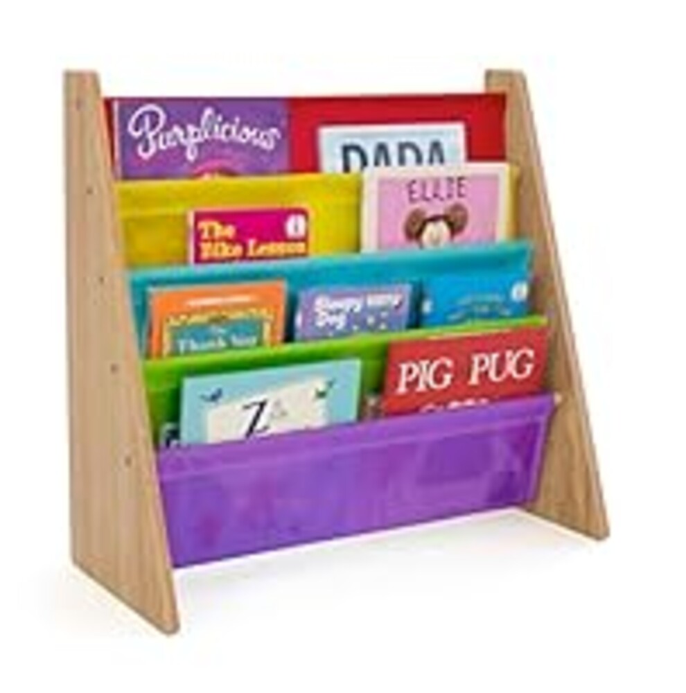Humble Crew 4-Tier Kids Bookshelf, Natural Wood/Rainbow - Premium Book Shelf for Kids Rooms with Four Deep Pockets - Toddler Sling Book Rack with Deep Sleeves, Nursery Bookcase Organizer