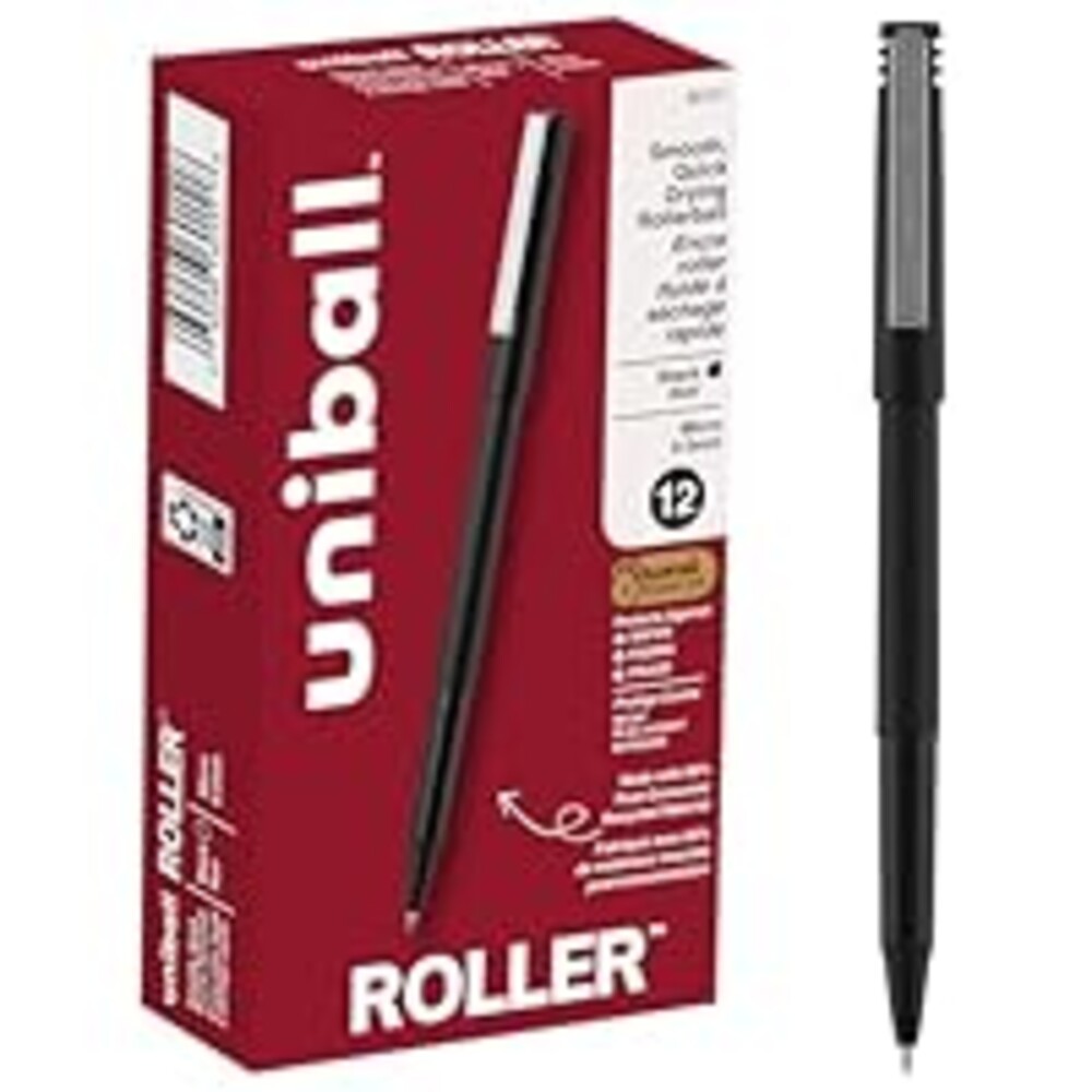 uniball Roller Rollerball Pens, Micro Point (0.5mm), Black, 12 Pack