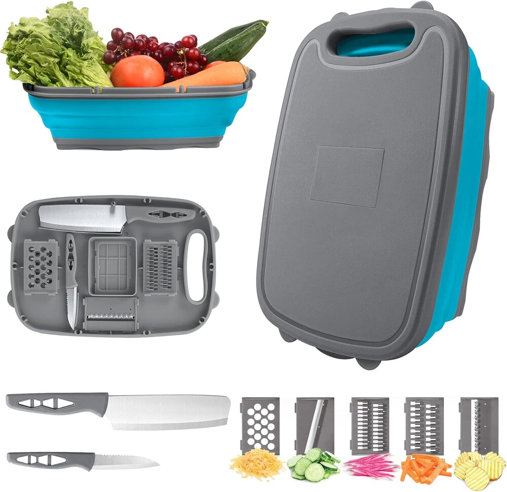 Camping Cutting Board, HI NINGER Collapsible Chopping Board with Colander, 9-In-1 Multi Chopping Board Kitchen Vegetable Washing Basket for Camper,Camping Gifts Camping Accessories for RV Campers