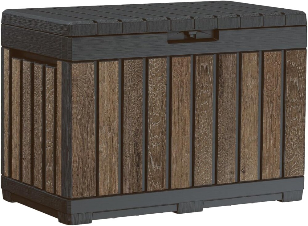 Keter Signature Everwood 50 Gallon Resin Deck Box for Outdoor Storage – Weather‑Resistant Balcony & Patio Box for Cushions, Throw Pillows & Garden Tools, Walnut