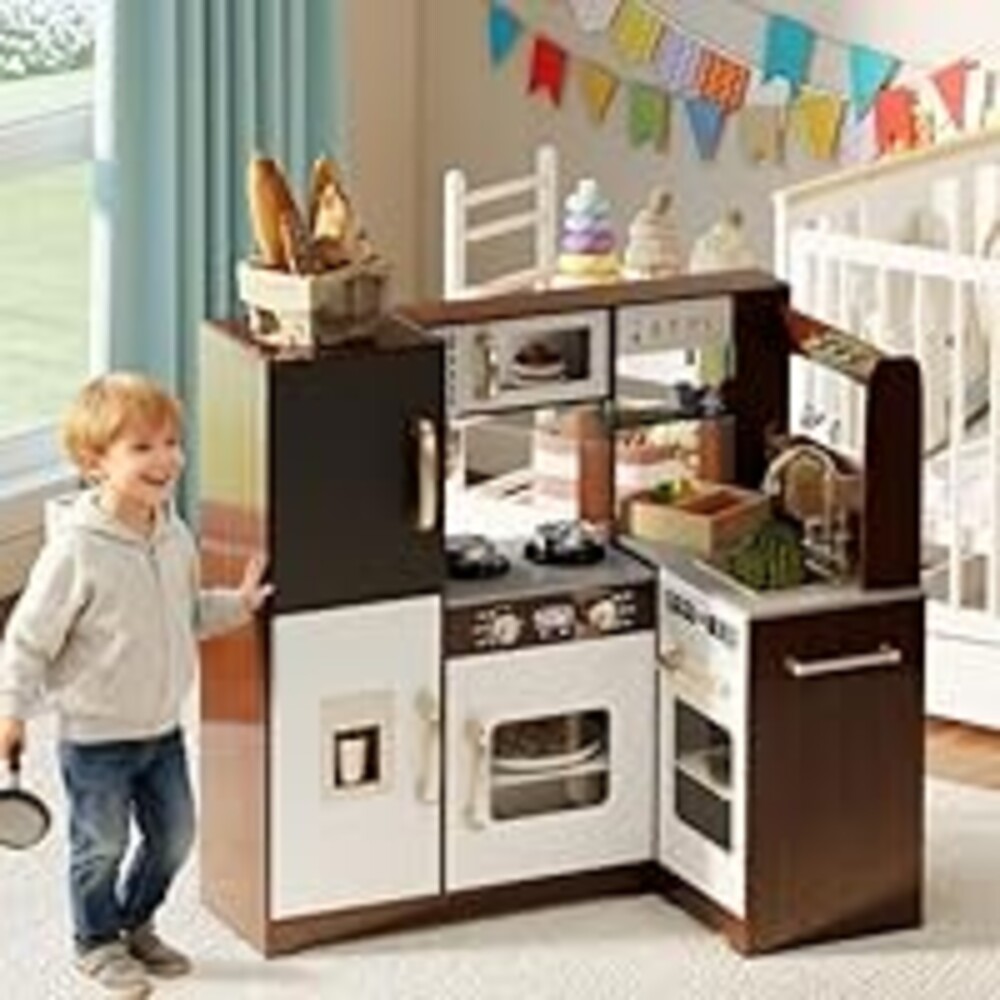 TaoHFE Espresso Corner Play Kitchen with Lights,Kitchen Set for Kids Ages 1-3,Brown Kids Toy Kitchen Set with Pretend Play Accessories Playset for Girls Christmas Presen