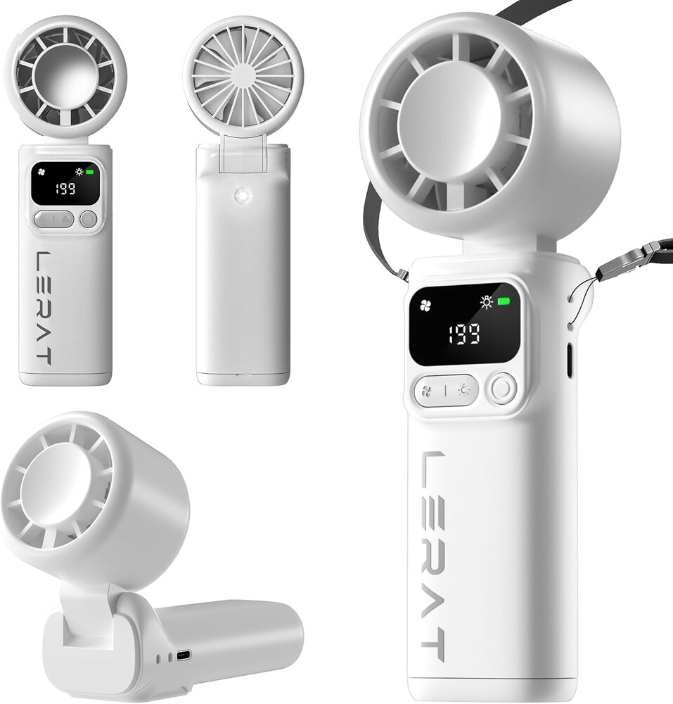 Lerat Portable Handheld Turbo Fan, 5-Speed Wind, Battery Operated, 3-in-1 Hand Fan, for Outdoor Activities, White