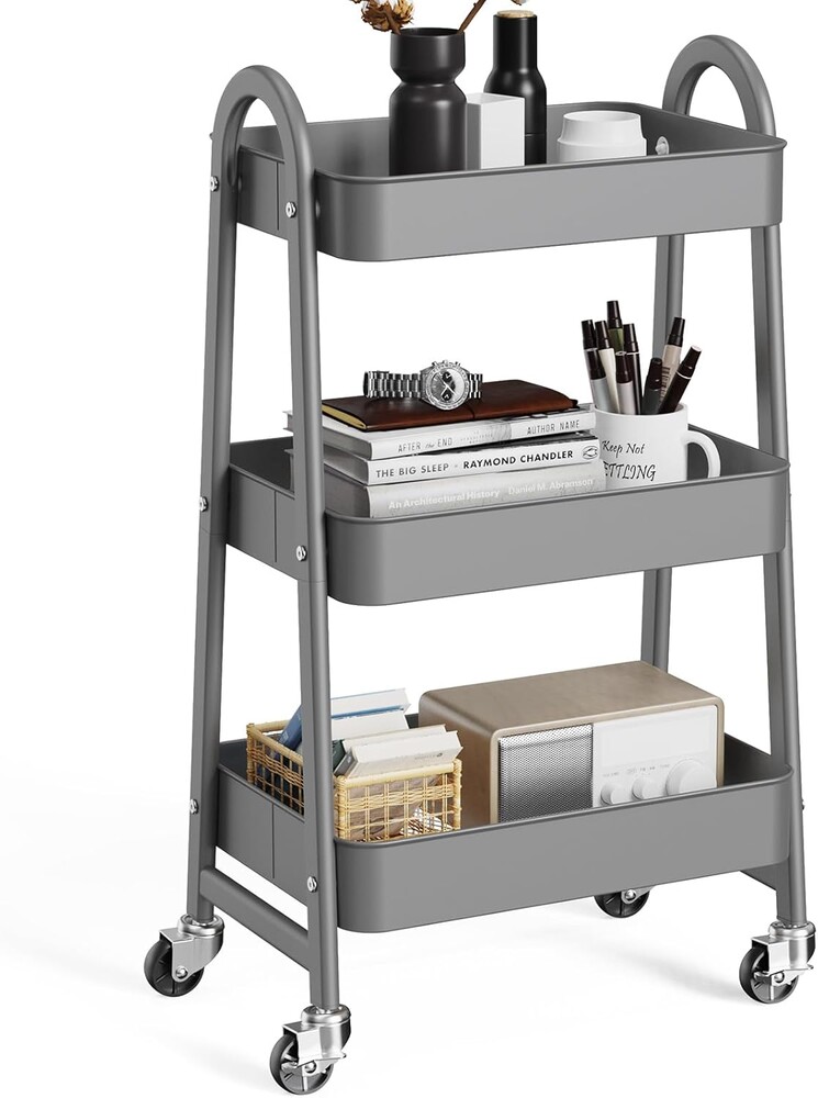 OLIXIS 3 Tier Utility Rolling Cart, Metal Mobile Storage Shelf with Lockable Caster Wheels, Organization for Livingroom, Bathroom & Narrow Places, Gray