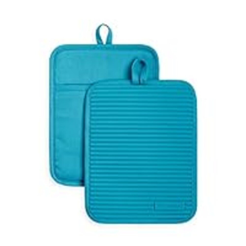 KitchenAid Ribbed Soft Silicone Pot Holder 2-Pack Set, Ocean Drive Blue, 7"x9"
