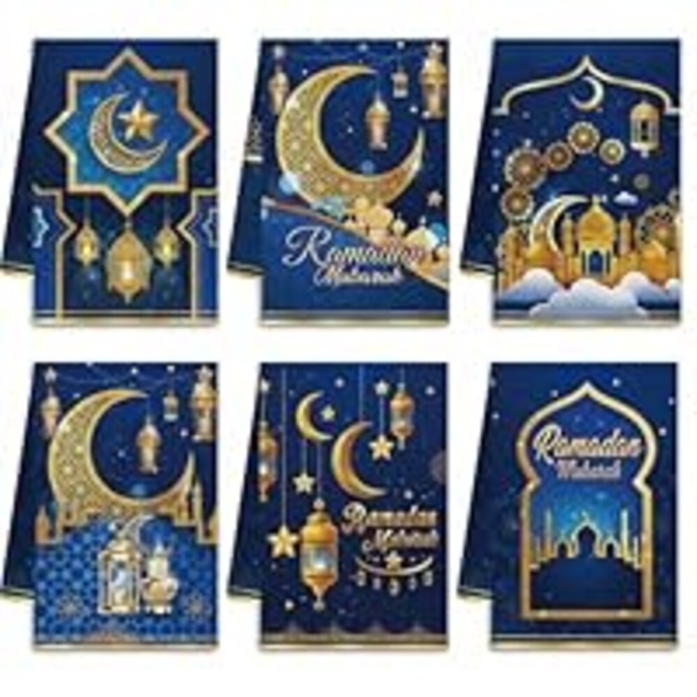 Mixweer 6 Pcs Ramadan Mubarak Kitchen Towels Eid al Fitr Dish Towels Blue Gold Tea Hand Towel for Party Bathroom Kitchen Home Accessories, 16 x 24 in