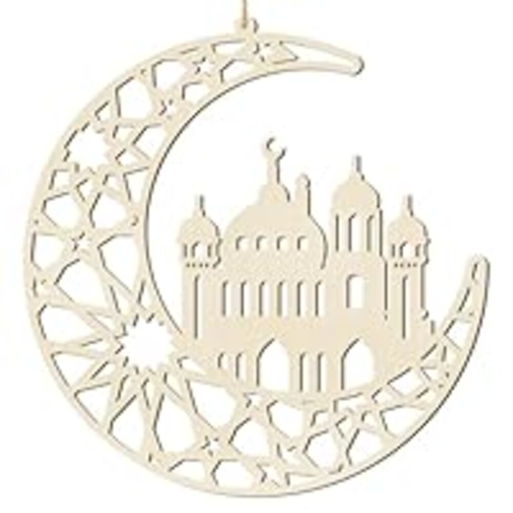 Ramadan Decorations Eid Mubarak Wreath Door Sign Wooden Hanging Signs, Kareem Hollow Ornament Moon and Stars, Moon Shape Ramadan Mubarak Party Wood Wall Hanger for Islamic Muslim Home Decor