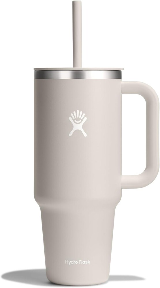 Hydro Flask Travel Tumbler with Handle, Lid and Straw - Insulated Stainless Steel in 40 Oz Oat Tan