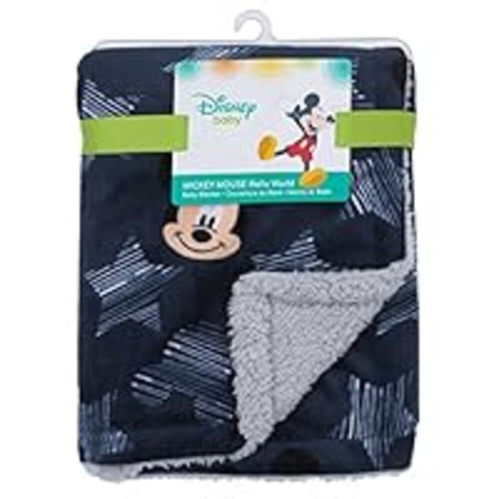 Disney Mickey Mouse Hello World Star/Icon Super Soft Double Sided Velour/Sherpa Baby Blanket, Navy, Grey, White