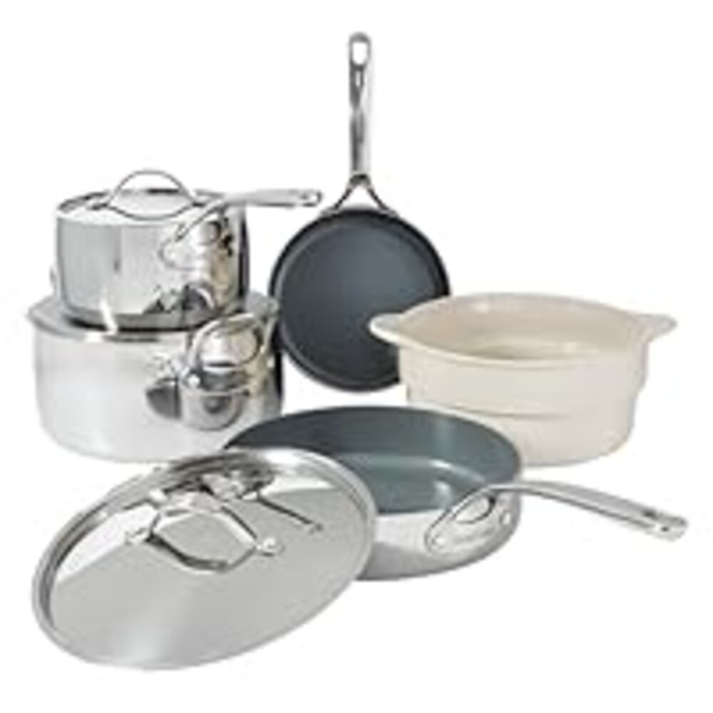 Bloomhouse - Two Time Oprah's Favorite Things Winner - 8 Piece Triply Stainless Steel Pots and Pans Cookware Set W/Grey Non Toxic Pro Ceramic Non Stick Interior