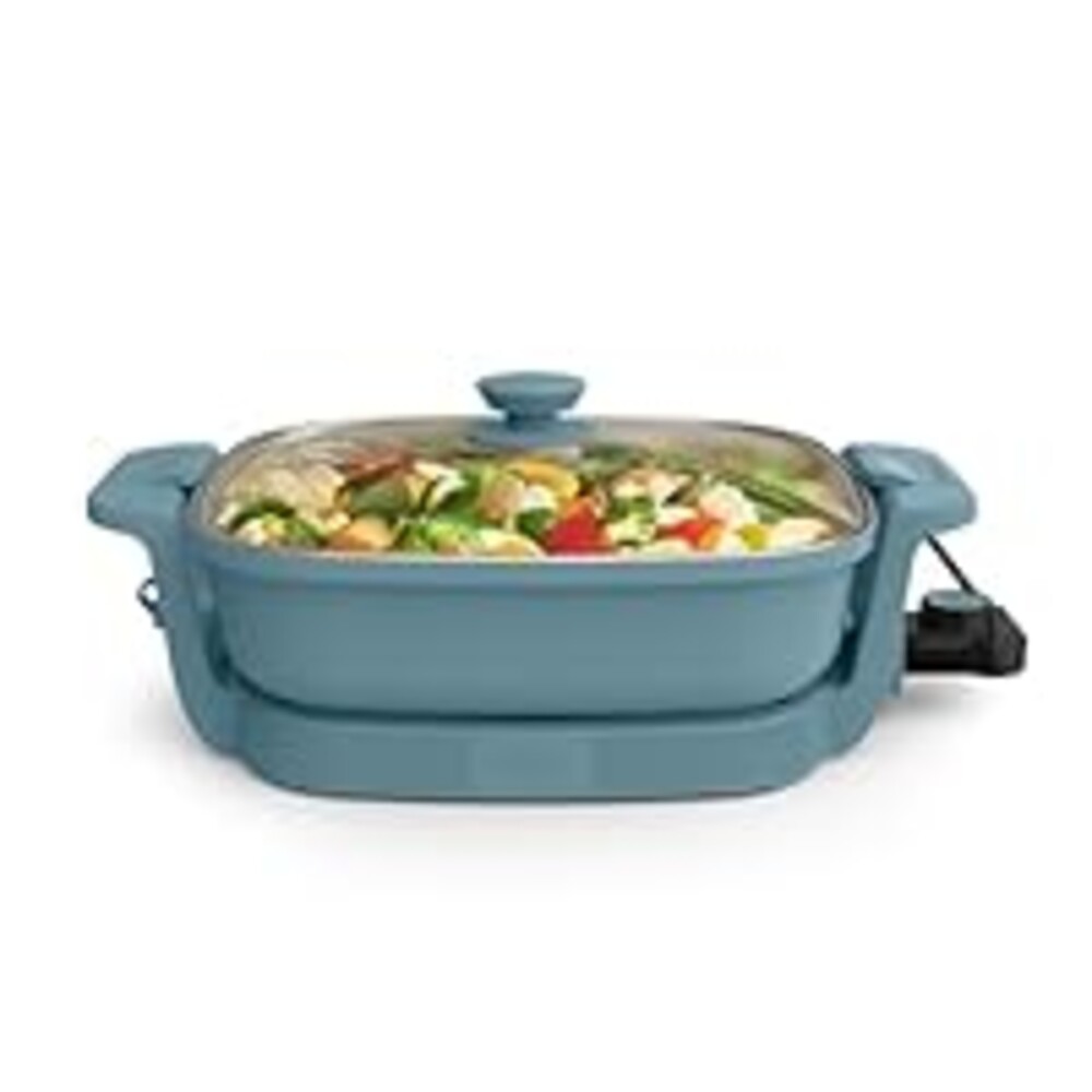 bella Make & Take Electric Skillet, Fits-anywhere™ kitchenware, EverGood™ Ceramic Coating, Adjustable Temperature & Dishwasher-Safe Tempered Glass Lid, Cast Aluminum Base, 1200 Watt, Surf