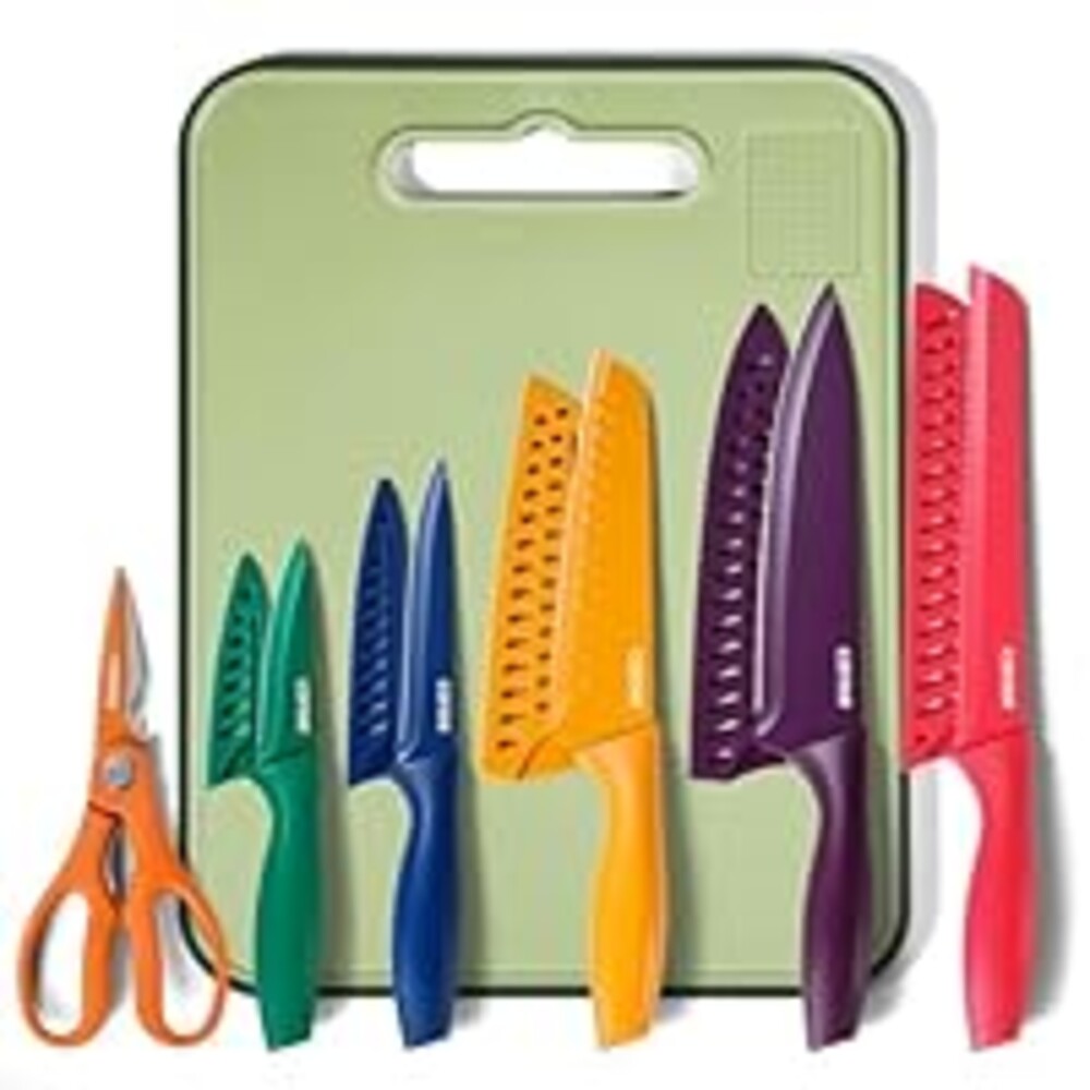 CAROTE Knife Set, 12 Pieces Kitchen Knives with 5 Blade Guards & Kitchen Shears & Non-Slip Cutting Board, 5 Stainless Steel Knife, Dishwasher Safe, Ceramic Surface