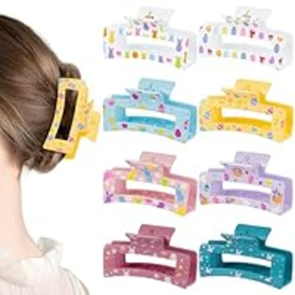 PANTIDE 8Pcs Easter Hair Claw Clips for Women Girls - Bunny Rabbit Egg Rectangle Nonslip Banana Acrylic Hair Clips, Thin Thick Short Long Curly Accessories, Easter Spring Party Birthday Gift