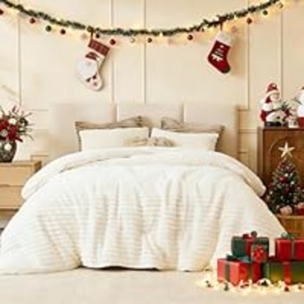 Geniospin Fleece King Size Comforter Set, Soft Fuzzy Fleece King Bedding Set, 3-Pieces White Comforter Set for All Season, Warm Fluffy Comforter with 2 Pillow Cases