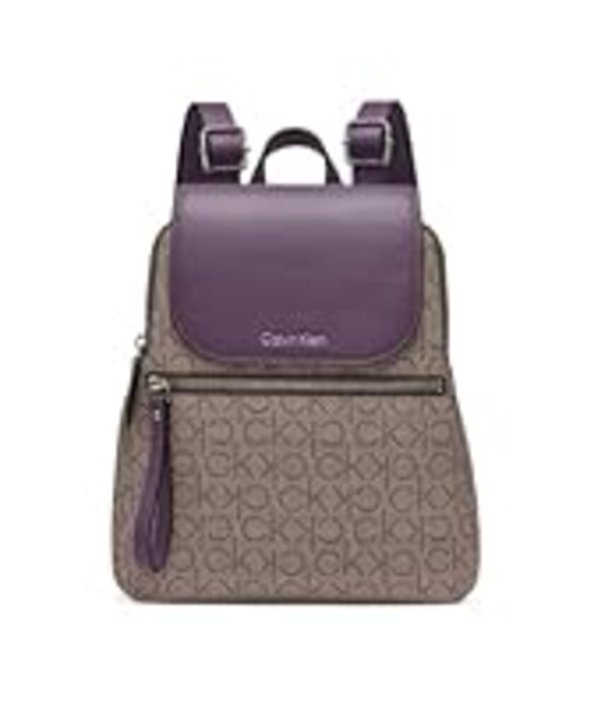Calvin Klein Women's Elaine Signature Key Item Flap Backpack, Almond/Taupe/Winter Plum, One Size